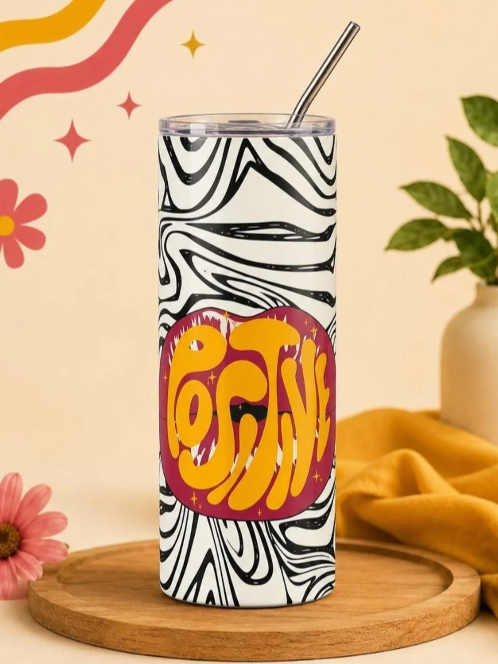 Positive Vibes Stainless Tumbler — Yellow & Magenta Graphic